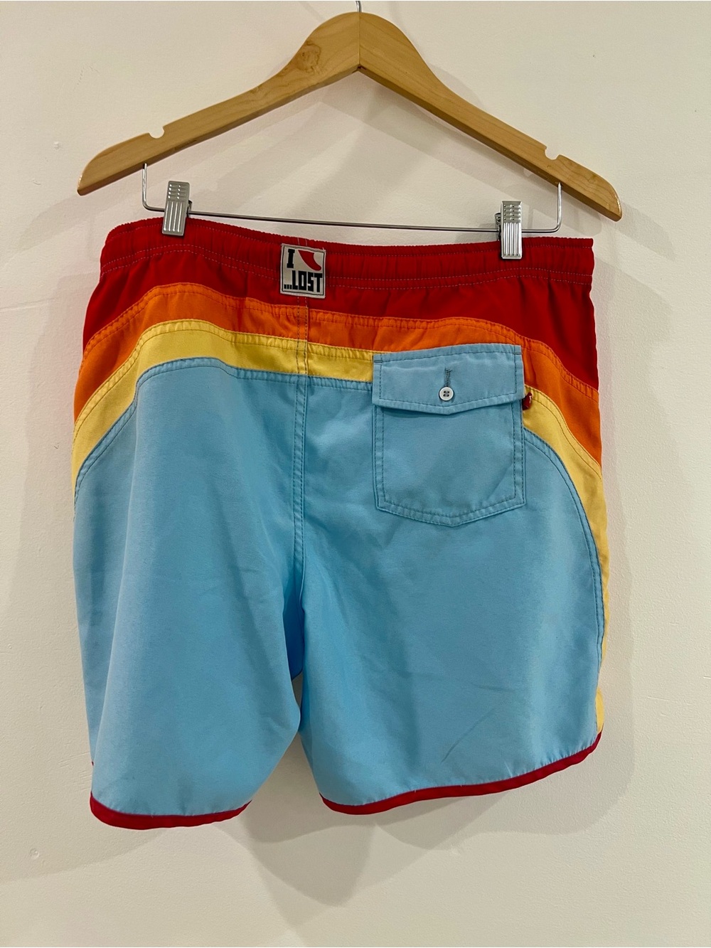 Lost Surfboards Boardshorts Mens L Retro Rainbow Stripe Blue Red Surf Trunks